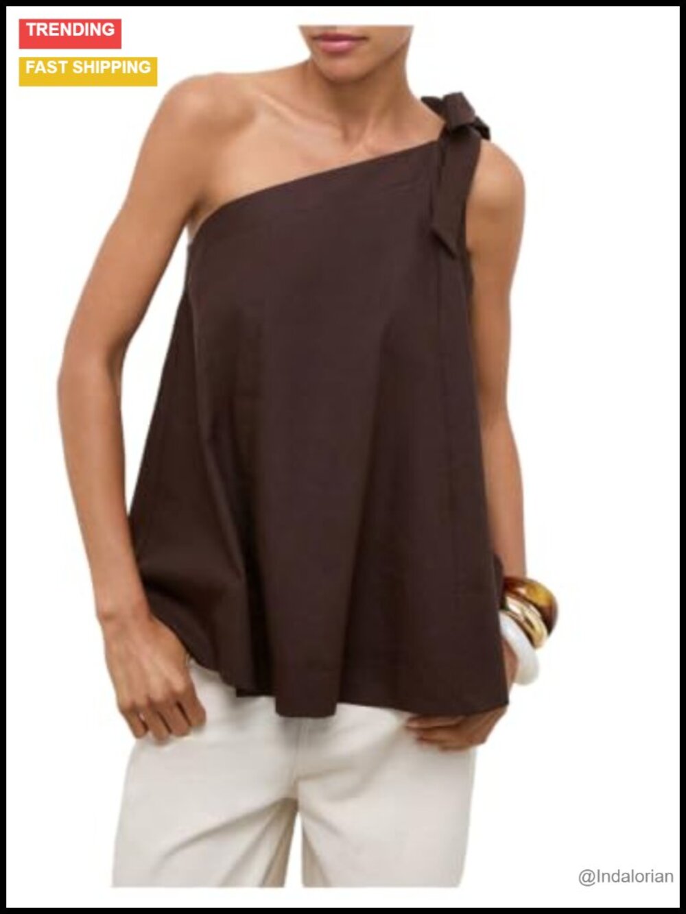 Women's Bow Tie One Shoulder Sleeveless Linen Flowy Top Blouse